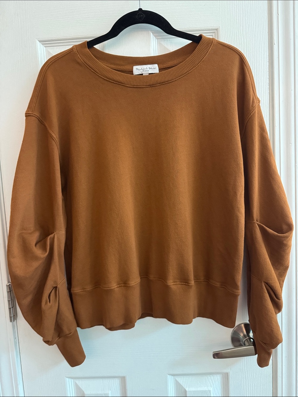 MICHAEL STARS Bubble Sleeve Cotton Crewneck Sweatshirt Brown Size Small